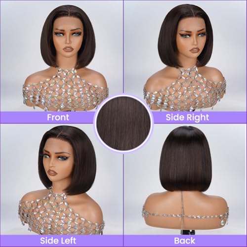 Dark Brown Bob Wig Human Hair 13X4 Lace Front Wigs Human hair 180% Density Short Straight Frontal Bob Wig Pre Plucked for Women HD Transparent Lace Frontal wigs With Baby Hair Dark Brown Color 16 Inch