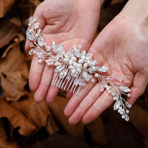 Bride Flower Pearl Wedding Hair Comb for Women and Girls,Floral Bridal Hair Piece Crystal Side Combs Wedding Party Hair Pin Accessories (Silver)