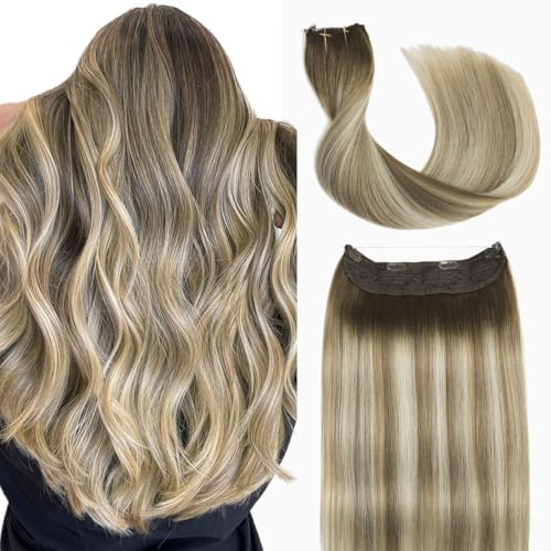 Sindra Wire Hair Extensions Human Hair Balayage Walnut Brown to Light Brown With Blonde Fishing Line Extensions 20Inch 85g Remy Invisible Wire W20#3/8/22