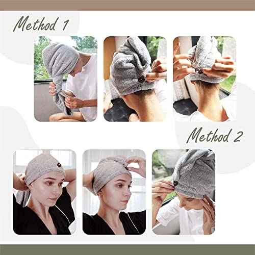 myHomeBody Hair Towel Wrap, Luxury Quick Drying Turban, Ultra Soft Absorbent Charcoal Fiber Cap, with Coconut Shell Button ? Gray
