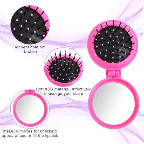 10pcs Folding Hair Brush Mirror Compact Travel Comb Portable Pocket Pop Up Hairbrush with Soft Nylon Bristle Mini Colourful Hair Brush Gift for Women Girls Purse Handbag Christmas