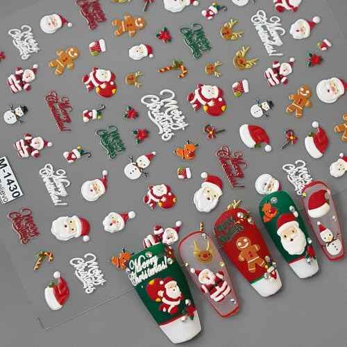 1 Sheets Christmas Nail Art Stickers Decals 5D Self-Adhesive Pegatinas U?as Santa Claus Snowman Gingerbread Man Xmas Winter Holiday Cute Elk Nail Supplies Nail Art Design Decoration Accessories