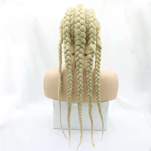 Kalisa 613 Blonde Braid Wig Fully Handmade Blonde 5 Braids Wig Synthetic Blonde Lace Wig with Baby Hair Heat Resistant Fiber 5 Braided Daily Makeup Wigs for Women 24 Inch