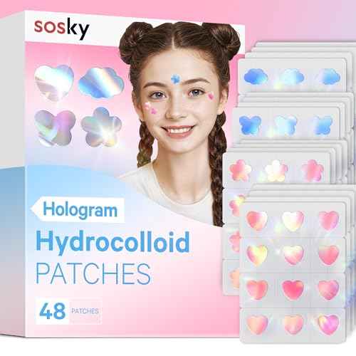 Sosky Hologram Pimple Patches for Face, Hydrocolloid Acne Patches with Salicylic Acid, Cute Star Zit Stickers,Colorful Blemish Covers,48 Count Blue Pink Heart Cloud Butterfly Flower