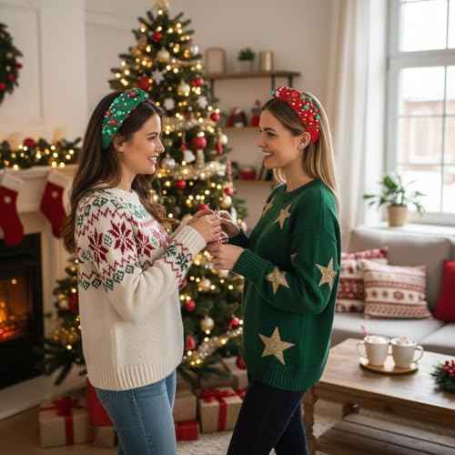 2Pcs Christmas Headbands for Women - Red Green Pearl Rhinestone Crystal Jeweled Christmas Headband - Womens Headbands Fashion Elegant Wide Top Knot for Women Holiday Clothes Accessories(Red Green)