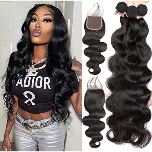 Body Wave Bundles with Closure Brazilian Human Hair 3 Bundles with Closure£¨14 16 18+12£©Body Wave 100% Unprocessed Virgin Hair Bundles with 4x4 Lace Closure Free Part Natural Black Color