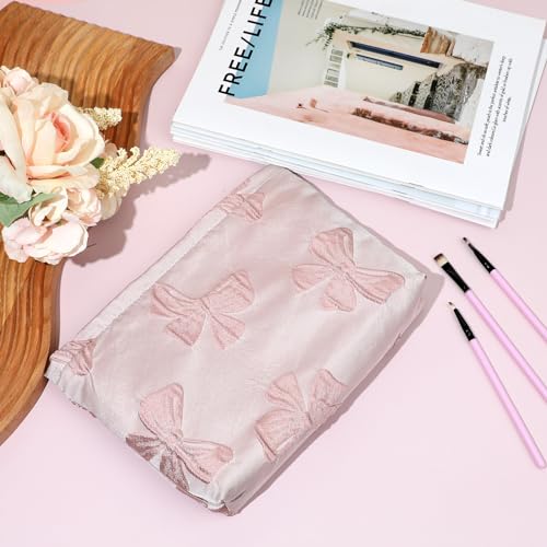 Makeup Bag Large Capacity Elegant Bow Preppy Cosmetic Bag Aesthetic Design Canvas Zipper Organizer Pouch Cute Roomy Pink Portable Toiletry Bag for Women Girls Travel Storage Accessories