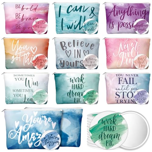 40 Pcs Employee Appreciation Gifts Inspirational Canvas Makeup Bags Compact Mirrors Bulk Cosmetic Bags Portable Mirror Thank You Gifts for Women Christmas Nurse Practitioner (Motivation)