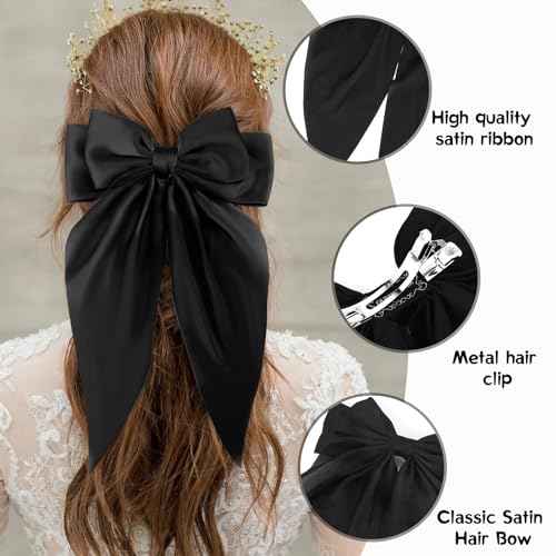 Zkptops 4Pcs Hair Bow Clips for Women Girls Silky Satin Bow Hair Clips Hair Ribbon with Long Tail Cute Oversized Hair Clips Soft Large Big Hair Barrettes Hair Accessories (Black Beige Blue Pink)