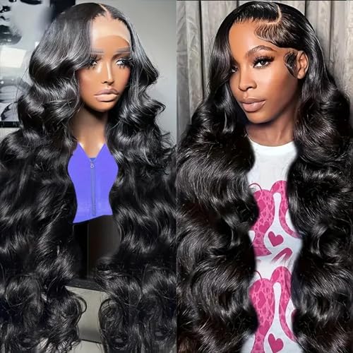 13x6 HD Frontal Wig 250 Density HD Lace Front Wigs Human Hair Pre Plucked with Baby Hair Brazilian Virgin Hair Glueless Body Wave Wig 22 Inch Transparent Lace Front Wigs Human Hair Natural Black