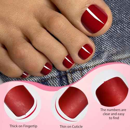 LoveOurHome 240pc Red Press on Toenails Women Fake Toe Nails with Glue Tabs, Dark Red Fake Toenails Press on Toes Nail Glue on Toenail Acrylic Toe Nail Tips Gel Artificial False Stick Toenail Tip