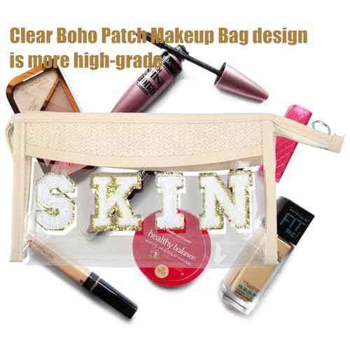Clear Boho Patch Makeup Bag, Letter BEACH Cosmetic Bag, Transparent Travel Toiletry Bag, Waterproof Snacks Bag, Zipper Sunscreen Summer Skincare Bag Gift for Women Girls (stuff)