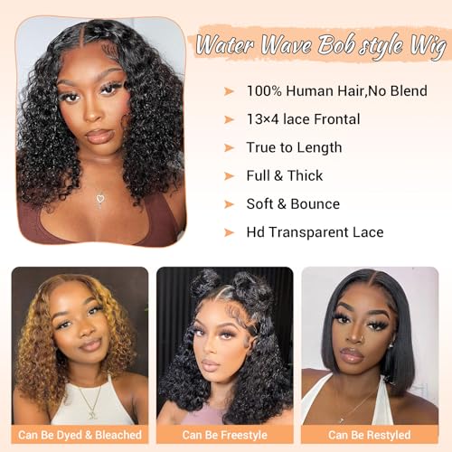 Bob Wig Human Hair 13x4 Water Wave Lace Front Wig Human Hair Pre Plucked 14 Inch 200% Density Short Bob Wet and Wavy Lace Front Wigs human hair for Black Women