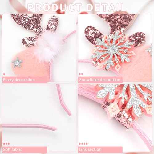 DIUEWOW Reindeer Antlers Headband Christmas Deer Horn Ears Head Band Glitter Pink Hair Hoop Snowflake Deer Antler Headpiece Elk Antler Cat Headdress Christmas Headband for Women Girl Hair Accessories
