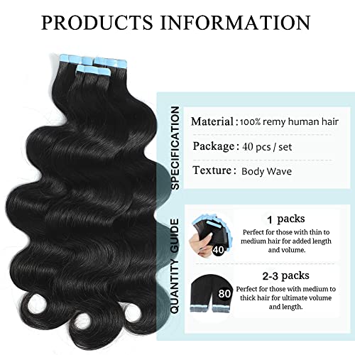HUA Body Wave Tape in Hair Extensions 18 Inch 100% Human Hair 40PCS 100 Gram Reusable Tape ins Black Wavy Hair