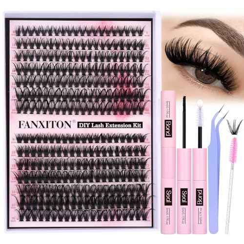 FANXITON DIY Lash Extension Kit Volume Lash Clusters 40D+50D D Curvature Individual Lashes Lash Clusters Kit Thick Eyelash Extension Kit 280 pcs Thin Band Cluster Lashes Lash Bond and Seal Tweezers
