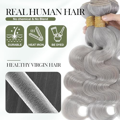Silver Grey Body Wave Bundles Human Hair 24 Inch, Soft and Thick Short Single Bundle 100% Unprocessed 12A Remy Hair Lavender Gray Color Sew In Quick Weave Wavy