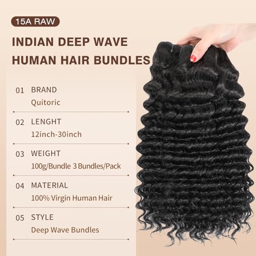 15A Raw Indian Deep Wave Bundles Human Hair 12 14 16 Inch 100% Human Deep Wave Curly Hair Bundles Wet and Wavy Double Drown Weft Hair Extensions Natural Black Color Remy Virgin Hair