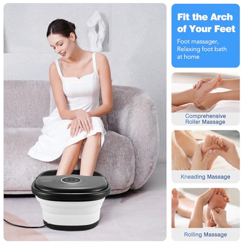 KNQZE Collapsible Foot Spa Bath with Heat, Remote Control, Temperature Control, Bubbles, Pumice Stone, Red Light, Timer, 16 Massage Roller Pedicure Foot Spa Foot Soaker for Soothe & Relax Tired Feet