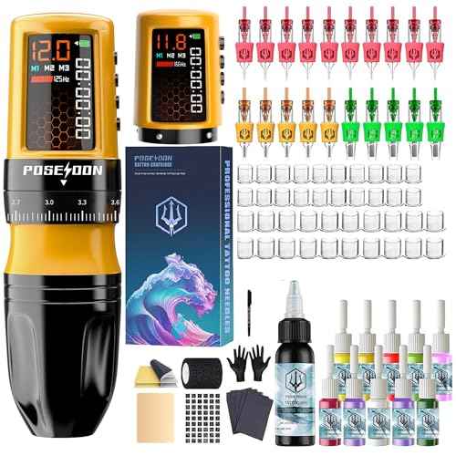 POSEIDON Wireless Tattoo Pen Kit with 20Pcs Tattoo Cartridge Needles 11Pcs Ink 2Pcs Tattoo Batteries, Portable Tattoo Gun with 7 Stroke Settings, Complete Tattoo Machine Set for Beginners and Artists