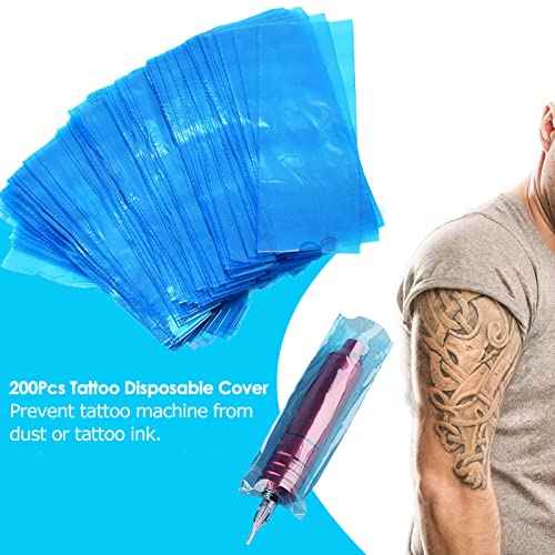 200pcs Clear Tattoo Machine Pen Covers Tattoo Pen Sleeves Plastic Dustproof Protection Blue Bags for Tattoo Professionals