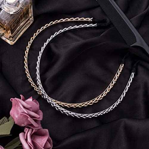 PAGOW 2Pcs Women Chained Headband Fashion, Gold Metal Thin Headbands for women Girls, Beauty Silver Headbands Hair Hoops Hair Accessories (Gold/Silver)