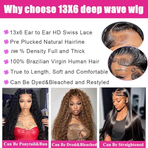 22 Inch Deep Wave Lace Front Wigs Human Hair 180% Density 13x6 HD Lace Frontal Wigs Human Hair Pre Plucked with Baby Hair Deep Curly Wigs for Black Women Natural Color