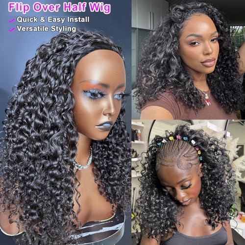 BLG Half Wig Human Hair 250% Density 15A Messy Water Wave Human Hair Flipover 3 In 1 Half Wigs 16 Inch Quick Install Wear and Go Drawstring Wig Beginners Friendly Glueless Wigs