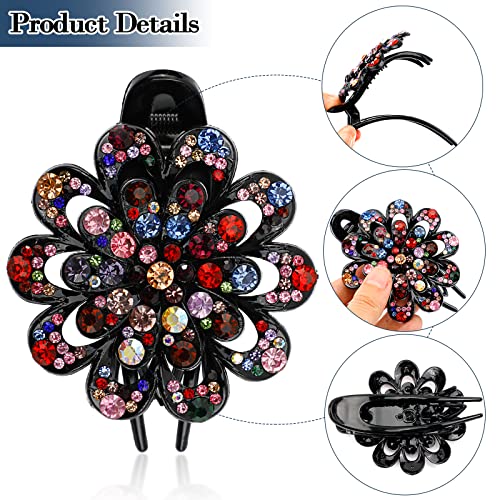 4Pcs Rhinestone Hair Claw Clips French Curved Duckbill Hair Clips Crystal Flower Barrettes for Women Girls Thick Long Hair