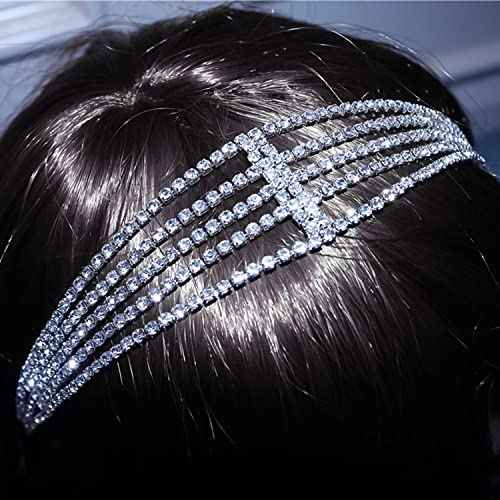 NAISKA Silver Crystal Rhinestone Head Chain Multi Layered Elastic Adjustable Rhinestone Hair band Wedding Bridal Forehead Headpieces Caps Party Prom Hair Jewelry for Women and Girls