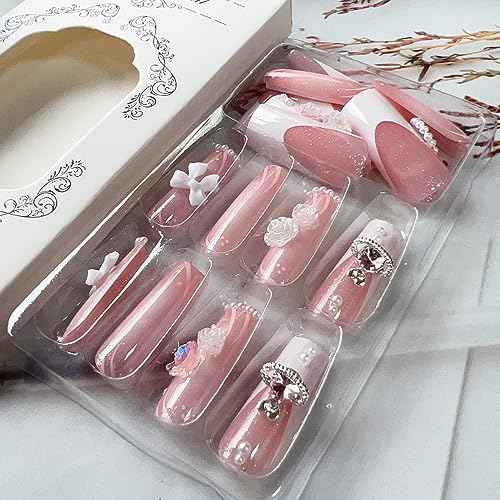 24 Pcs Long Square Press on Nails French Tip Fake Nails Full Cover 3D Rhinestone Acrylic False Nail Tips with Gems Sweet Pink Stick on Nails Long Artificial Nails for Women Manicure Decorations
