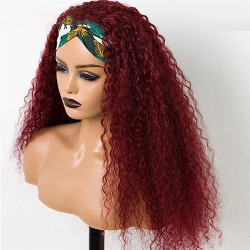 Curly Headband Wig for Black Women, Ombre Dark Red 100% Unprocessed Human Hair Wigs, Burgundy Color Red Wine None Lace Front Wigs with Headband (24'', 1B/Burgundy, Curly), Ombre 1B/99J, Curly