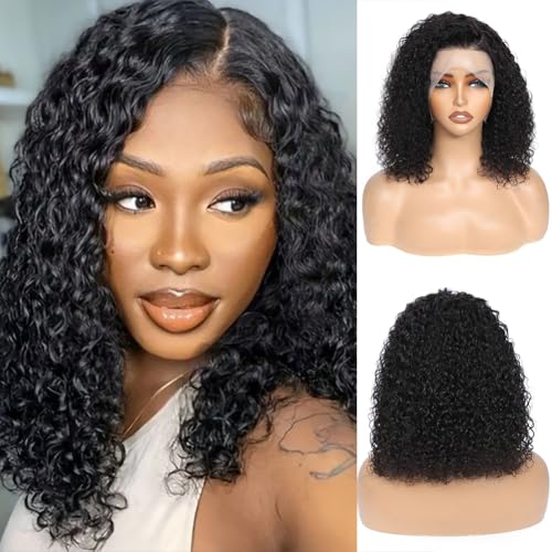 13x4 Deep Wave Lace Front Wigs Human Hair 200% Density Black Curly Human Hair Wig Short Natural Wigs for Black Women Transparent Lace Frontal Wig for Daily Wear 18 Inch