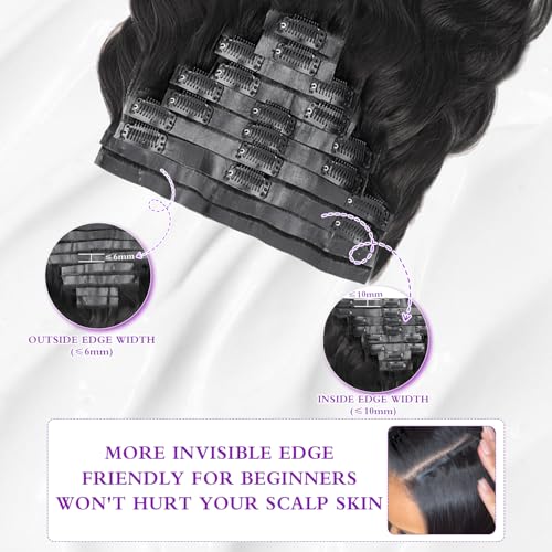 Seamless Body Wave Clip Ins Human Hair Extensions Invisible Weft Clip In Hair Extensions Real Human Hair 16Inch 8Pcs PU Clip ins Remy Hair for Women 18Clips 120g Natural Black