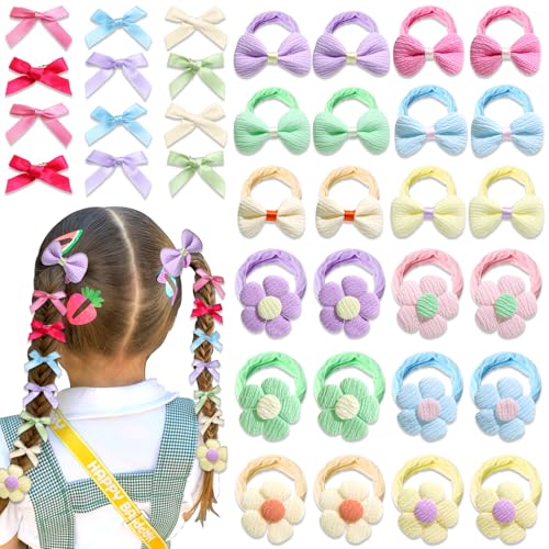 48 Pcs Toddler Hair Ties for Girls, Baby Hair Bows Cute Flower Hair Ties Colorful Elastics Scrunchies,Bow Hair Clips Y2K Snap Hair clips,Seamless Ponytail Holders, Little Girls Hair Accessories