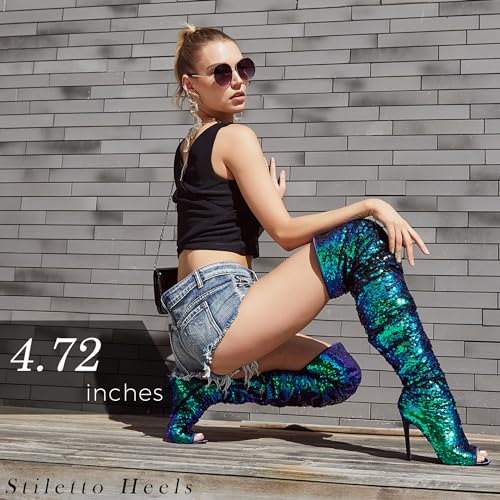 CAMSSOO Thigh High Boots Women's Sequins Over The Knee Boots Fashion Sexy High Heels Sparkle Thigh High Boots Open Toe Party Dance Stiletto Knee High Boots