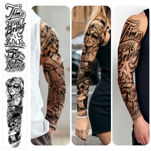 46 Large Chicano Temporary Tattoo for Men Women, Full Arm Day of the Dead Gangster Prisoner Fake Tattoos Mexico Cholas Lowriders Clown Tattoos, Tiny Cosplay Body Tattoos Stickers Realistic Adult Kid