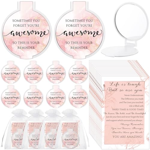 25 Set Inspirational Compact Mirrors for Women Bulk Sometimes You Forget You're Awesome Motivational Double Sided Folding Pocket Mirror for Employee Coworker Staff Mom Birthday(Pink Marble)