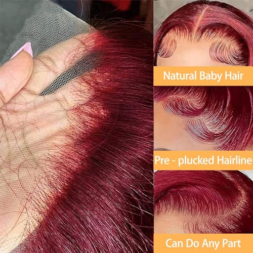 Burgundy Lace Front Wigs Human Hair 99j 13X4 Body Wave Lace Front Wigs 180% Density 100% Brazilian Human Virgin Hair Glueless HD Red Wigs Pre Plucked with Bleached Knots Natural Hairline (26inch)