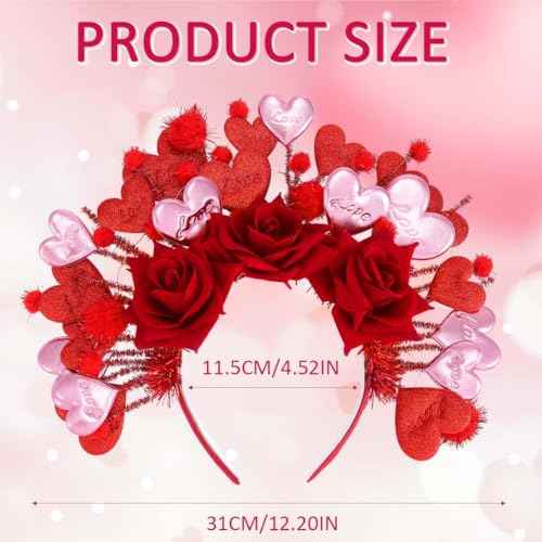 Fashey Light Up Heart Headband Led Flashing Valentine Headbands Red Flower Hairband Festival Party Costume Hair Accessories for Women and Girls