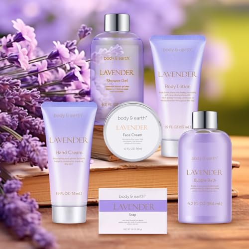 BODY & EARTH Bath and Body Gift Set - Luxurious 6 Pcs Bath Kit for Women, Relaxing Spa Set with Lavender Scent, Perfect Birthday Gift Set for Women Includes Bubble Bath, Shower Gel, Body Lotion