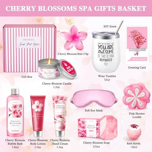 Gifts for Women Birthday Gifts, Spa Gifts Set- 10 Pcs Christmas Valentine's Mother's Day Gifts and Cherry Blossoms Self Care Package Gifts Women, Relaxing Gifts Basket