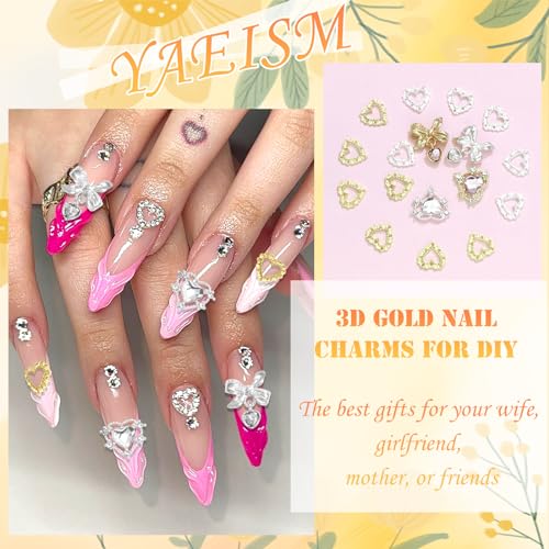 Heart Nail Charms 3D 30PCS Crystal Bow Nail Charms Gold Silver Heart Charms for Nails Crystal Nail Gems and Rhinestones for Nail Art and DIY Crafts Decoration
