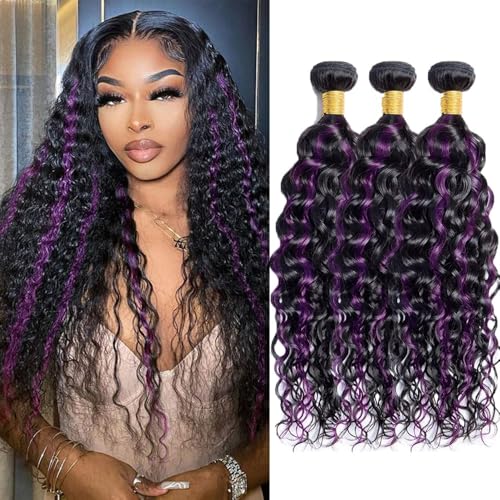 Black Mix Purple Water Wave Bundles Human Hair 12 14 16 Inch 12A Highlight Purple Ombre Wet and Wavy Human Hair Bundles 100% Unprocessed Brazilian Virgin 3 Bundles Human Hair Extensions for Women