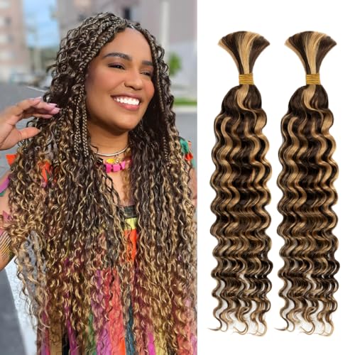 Human Braiding Hair for Boho Knotless Braids 2 Bundle 20 Inches 100g Deep Wave Bulk Human Hair for Braiding Hair Wet and Wavy 10A Brazilian Virgin Human Hair Balayage Brown to Blonde 4P27