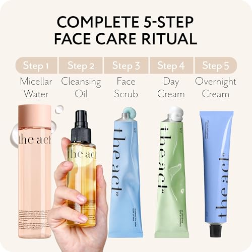THE ACT 5-Step Face Care Set ? Gift Set for Her Women Mom Wife Girlfriend ? Micellar Water Cleansing Oil Face Scrub Day Cream Overnight Cream ? Luxury Beauty Set - Birthday, Christmas , Vegan