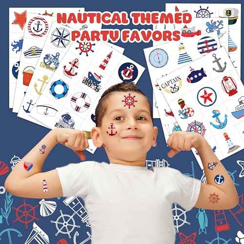Nautical Pre-cut Temporary Tattoos 8 Sheets 96 PCS Boat 1st Party Decorations Favors Supplies Sailor Nautical Theme Birthday Cute Stickers Christmas Gifts for Boys Girls Class School Prizes Carnival