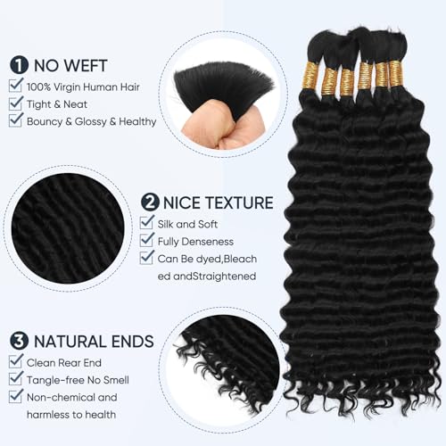 Human Braiding Hair for Boho Braids,150g 22 inch 6 Bundles Deep water Wave Bulk Boho Curly Human Hair for Braiding,Natural Color No Weft 12A Wet and Wavy Human Knotless Braiding Hair Extensions
