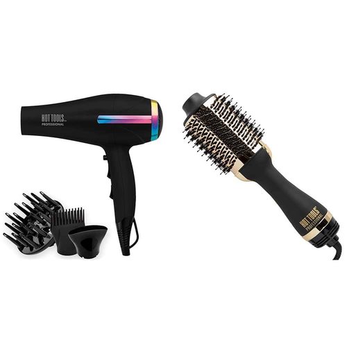 Hot Tools Professional Rainbow Turbo Ceramic Hair Dryer | 1875W Powerful and Quiet Blowouts & 24K Gold One-Step Hair Dryer and Volumizer | Style and Dry, Professional Blowout with Ease