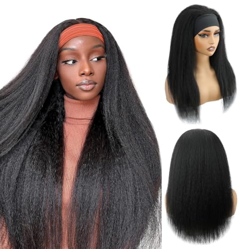Kinky Straight Headband Wig 26 Inch Human Hair Headband Wigs for Black Women Glueless Yaki Straight Human Hair Headband Wigs Natural Black color